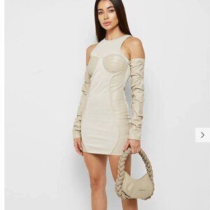 NWT MANIERE DE VOIR TACKED SLEEVE BODYCON DRESS - BEIGE